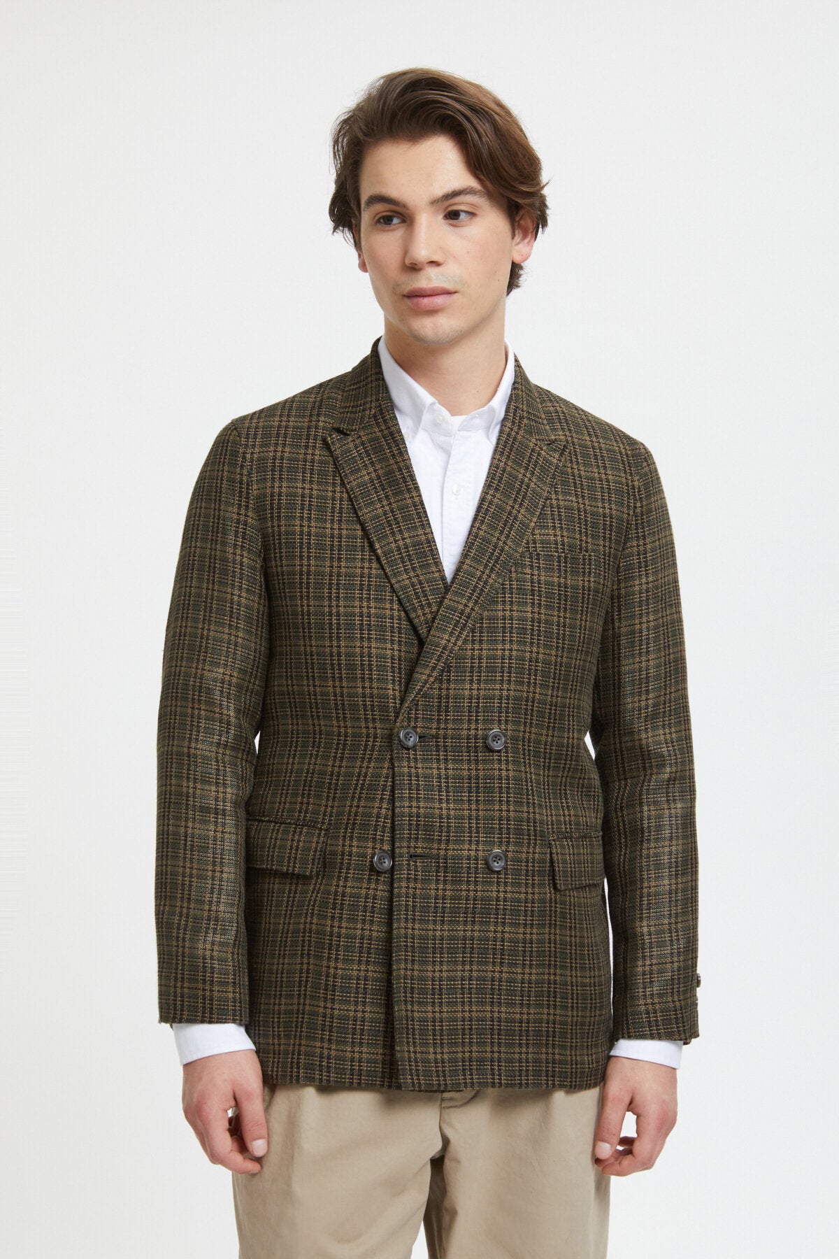 4B Double Breasted Linen Blazer Olive by Beams | Men | WP Store
