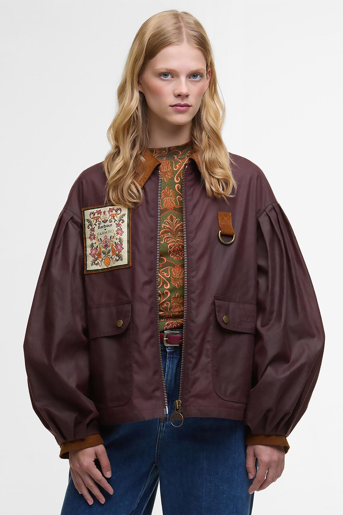 Barbour x FARM Rio Thais Waxed Jacket Bordeaux/cream heart by