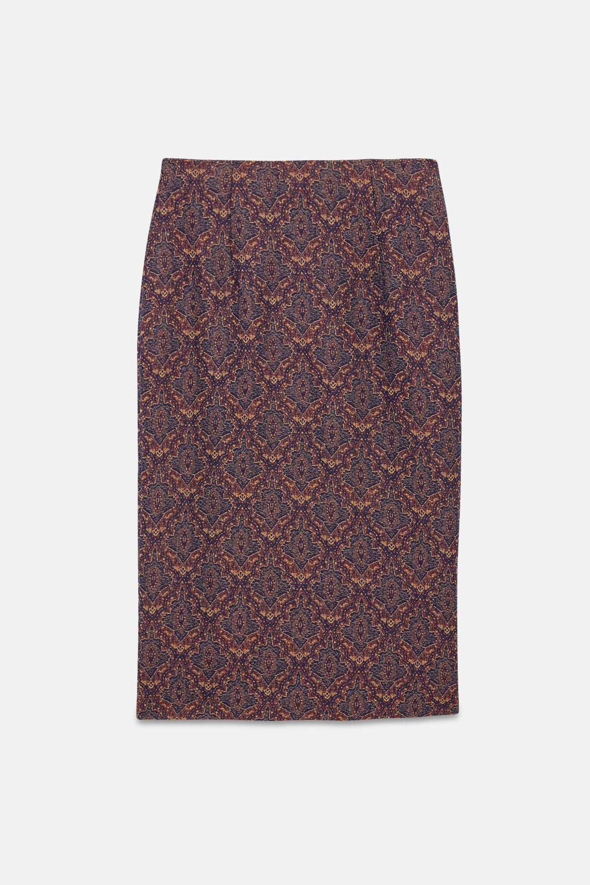 Pencil Skirt Poly India Jacquard Navy/yellow/brown by Needles 