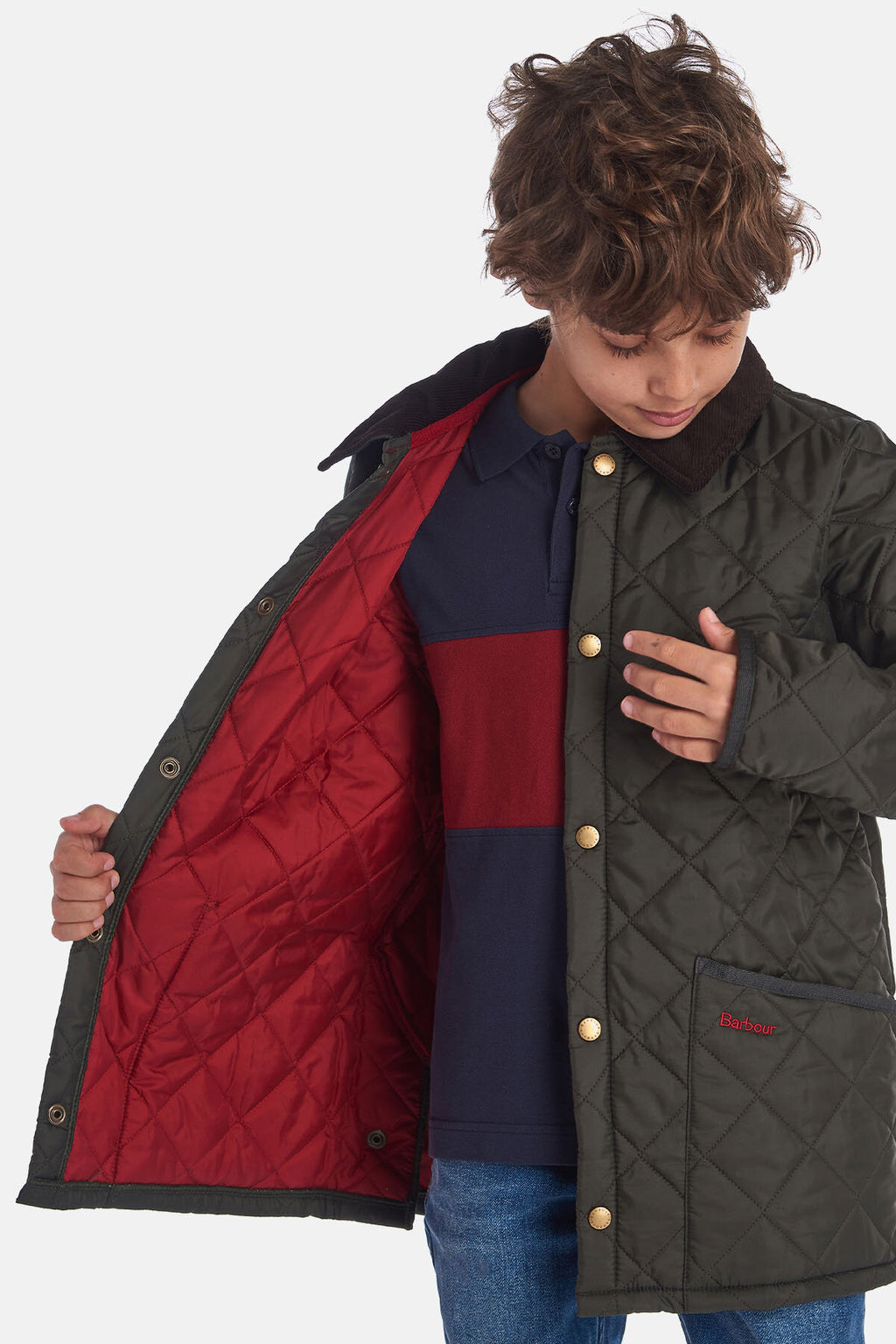 Quilted Jacket Liddesdale Dk olive/red by Barbour Kid Boy WP Store