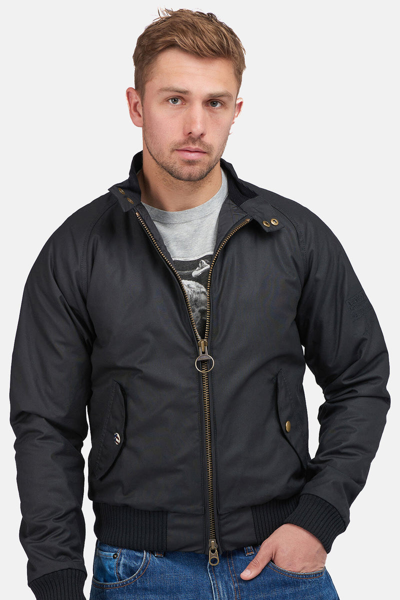Waxed Cotton Bomber Jacket Black by Barbour International Men